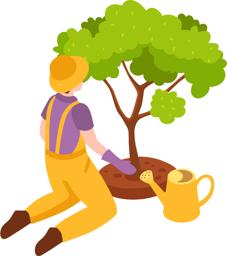 Isometric gardening icons with people working in garden