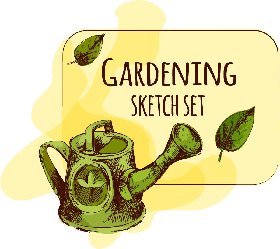 illustrated gardening tools set with spray bottle, watering can, and plant box for home gardening