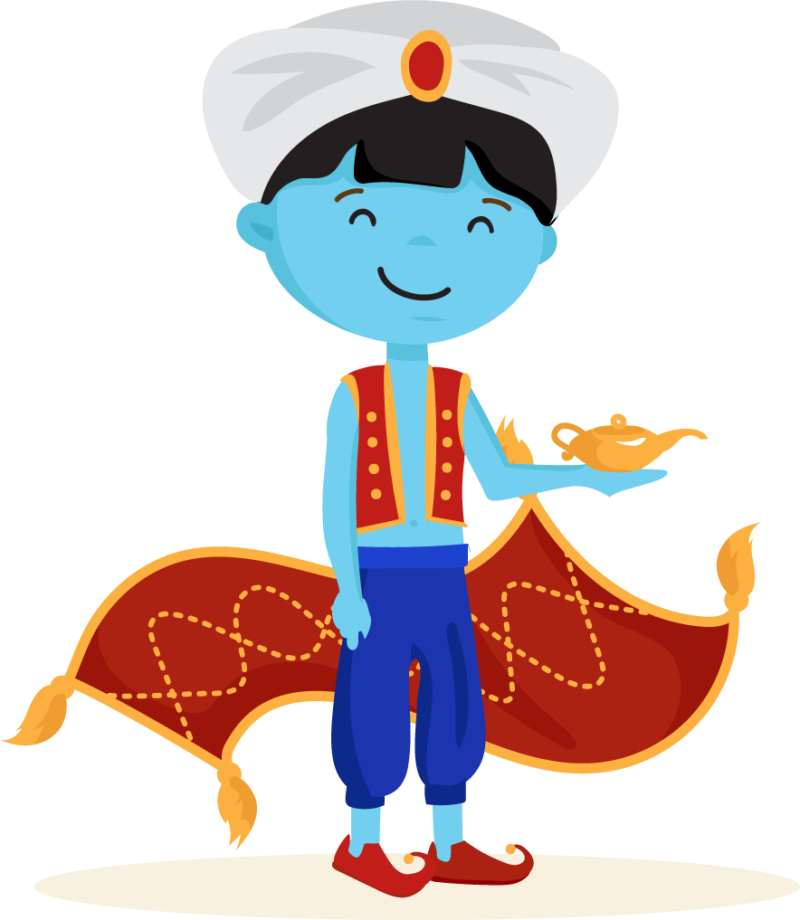 genie set fairytale characters featuring a joyful genie with magic lamp and carpet