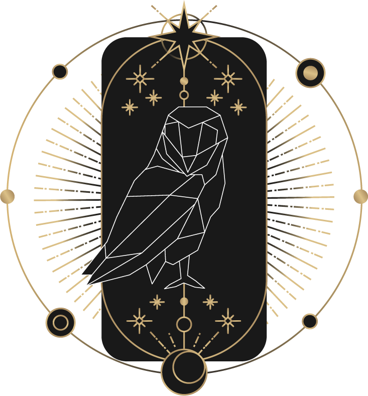 geometric astrological symbols tarot card with an owl and cosmic elements for spiritual insights