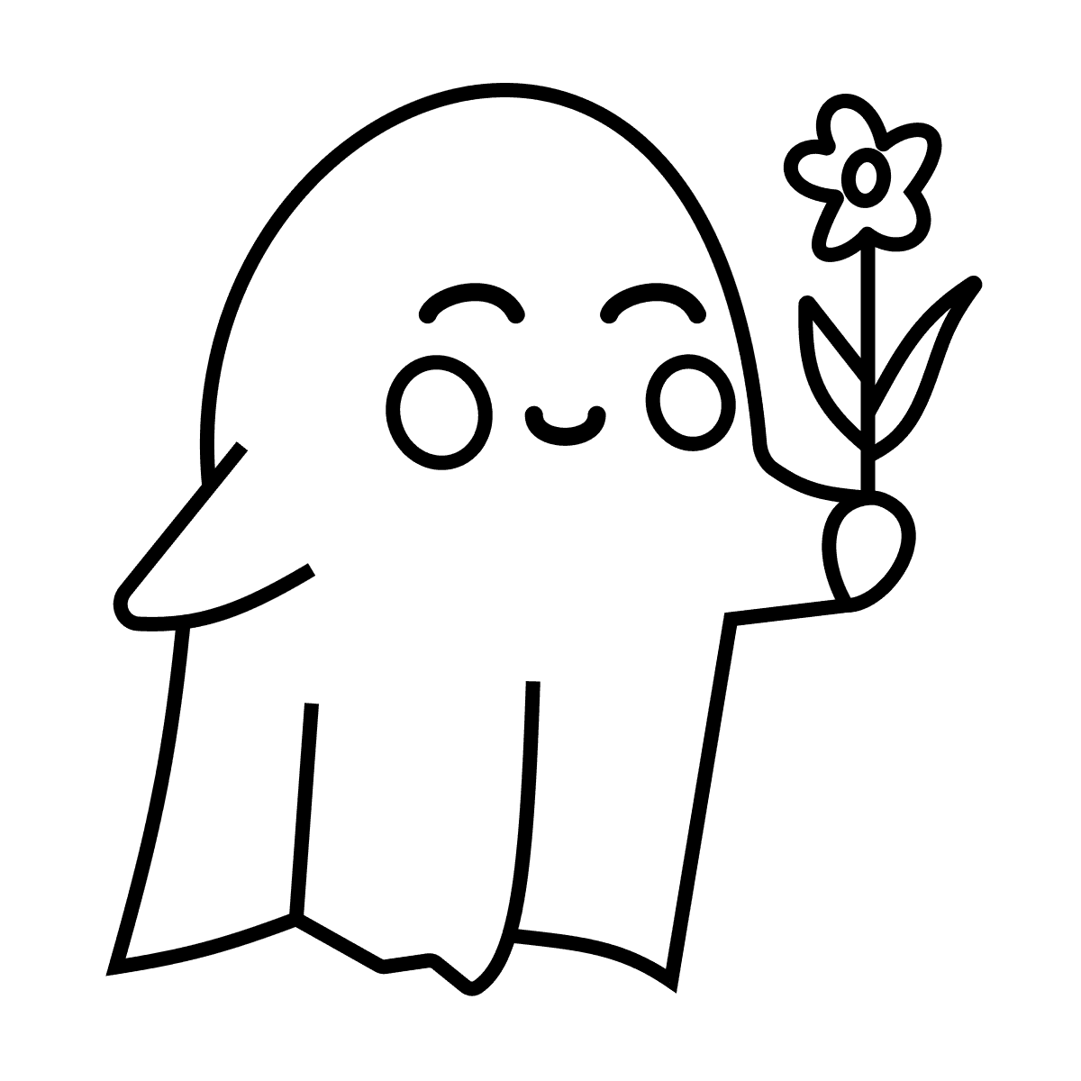 cheerful kawaii minimal ghost holding a flower line art