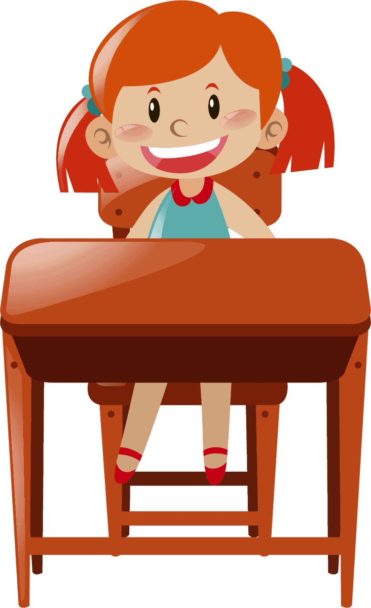 girl in different actions illustration featuring a cheerful girl at a desk