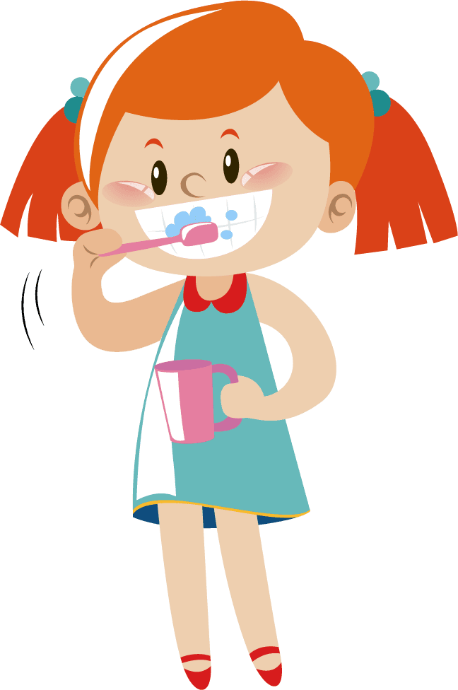 girl in different actions illustration featuring a cheerful child brushing teeth and enjoying morning routine