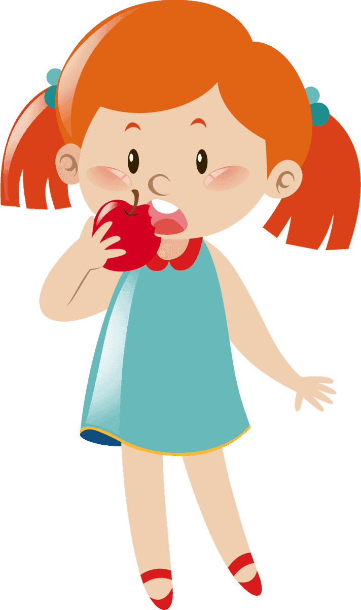 girl in different actions illustration enjoying a tasty apple with playful charm