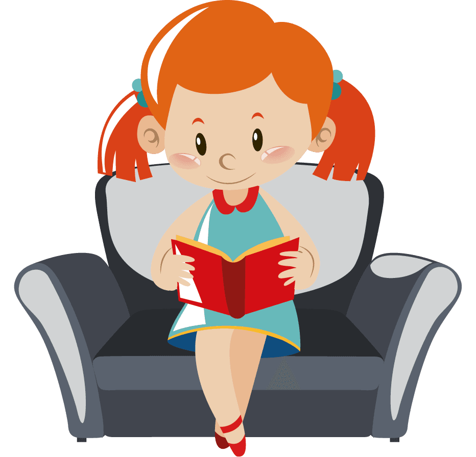 girl in different actions illustration enjoying a story while sitting in a cozy chair