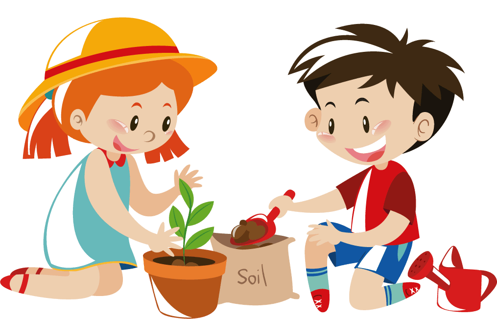 girl in different actions illustration planting seeds and caring for plants outdoors