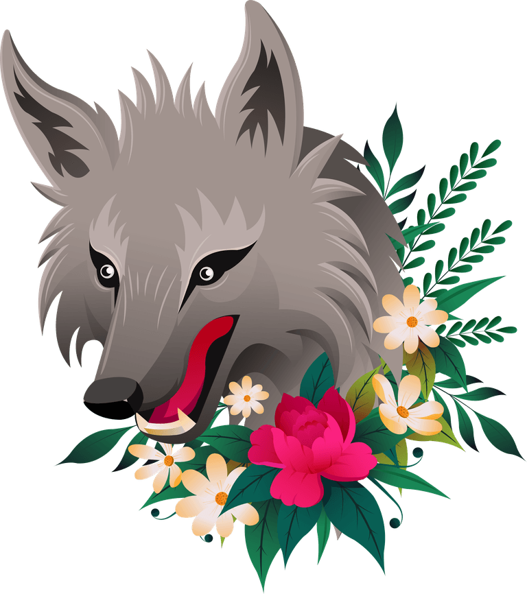 grey wolf animals icons head sketch flowers decor