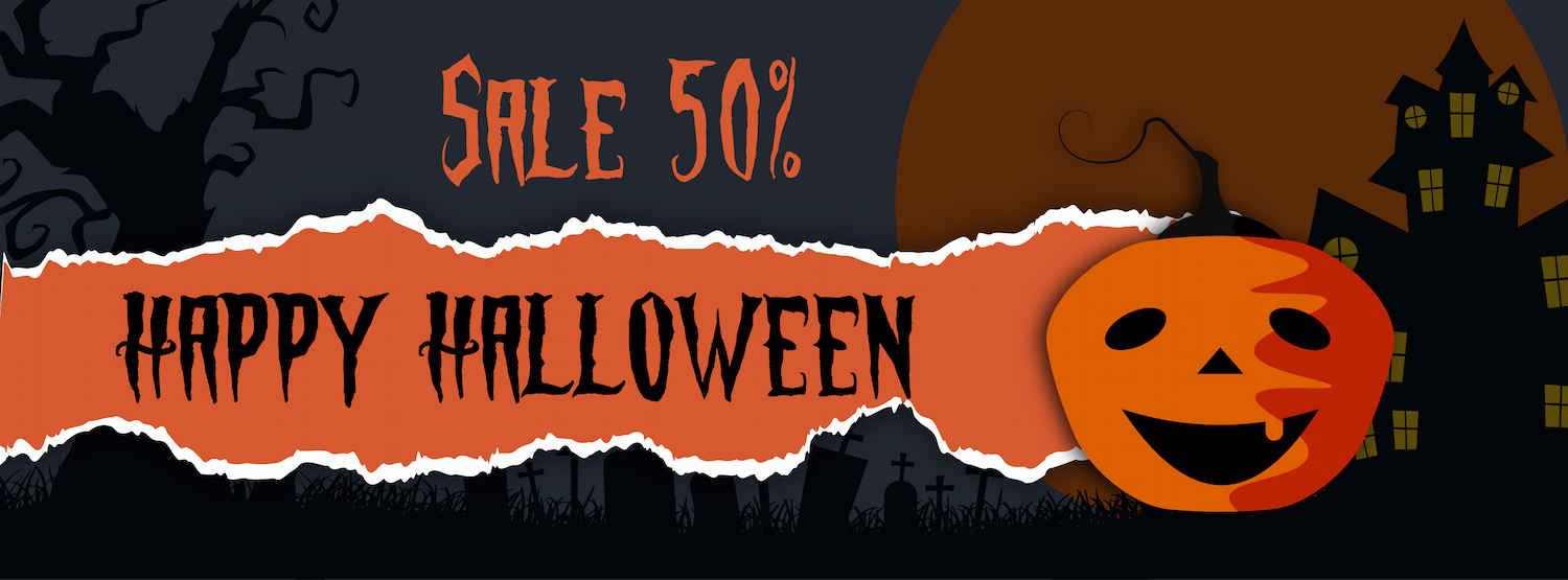 halloween event facebook cover template featuring spooky elements and festive sale announcement