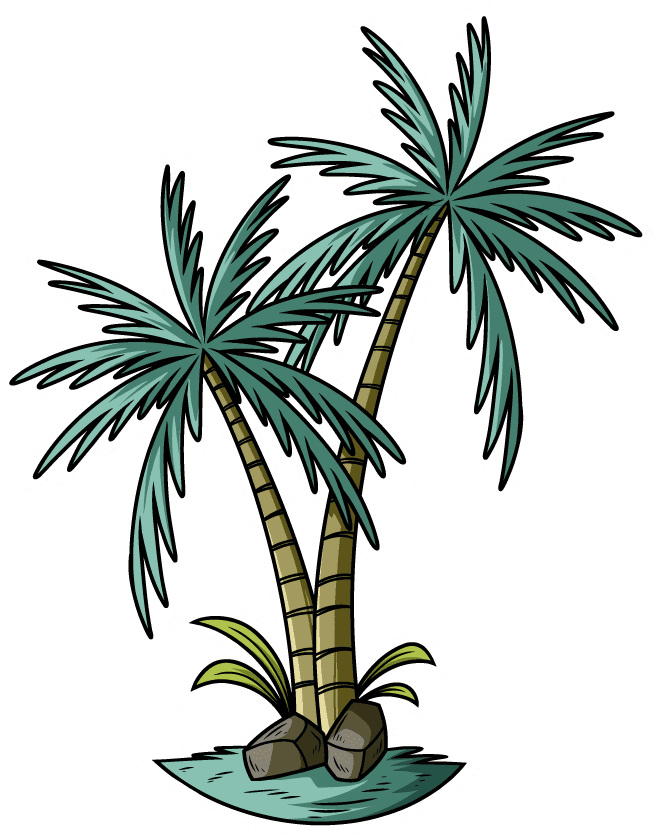 hand drawn of travel stickers featuring tropical palm trees and beach scenery