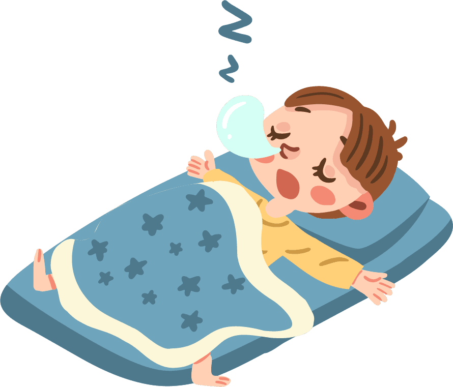 hand drawn people sleeping futon with cozy blanket, cheerful expression, and peaceful vibe