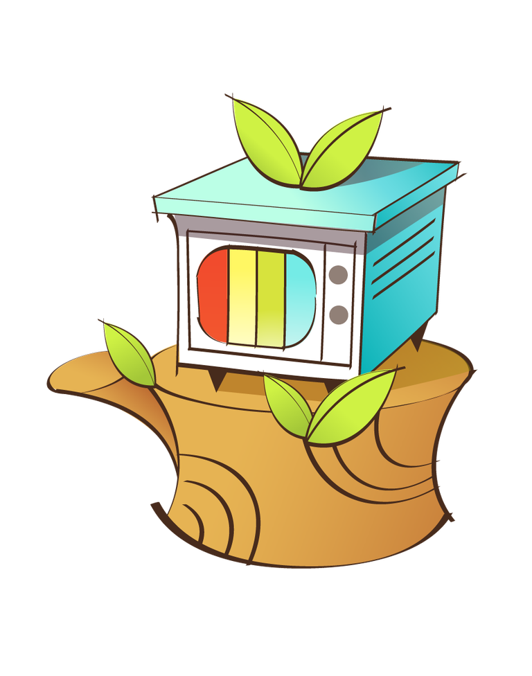 hand painted style icon vector of a retro TV on a tree stump with leaves