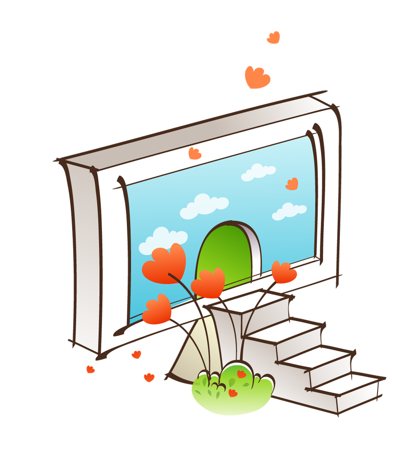 hand painted style icon vector of an inviting open window with flowers and hearts