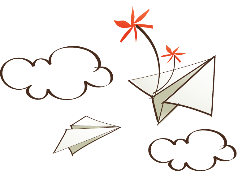 hand painted style icon vector of playful paper airplanes soaring among whimsical clouds