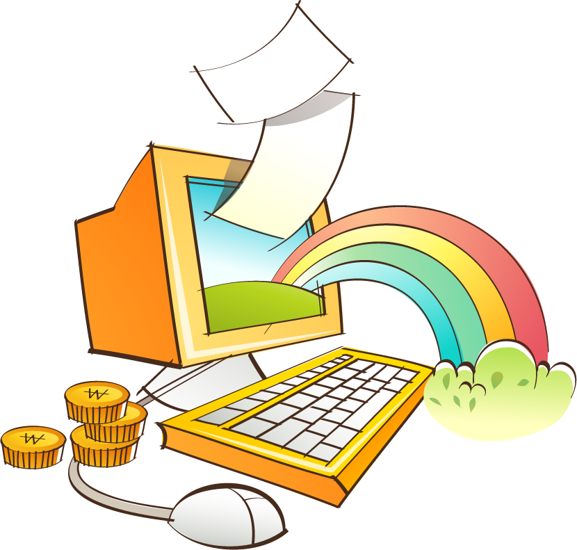 hand painted style icon vector of a whimsical computer with rainbow and papers