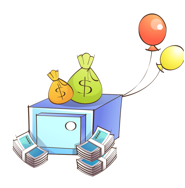 hand painted style icon vector depicting a fun cash box with money bags and balloons