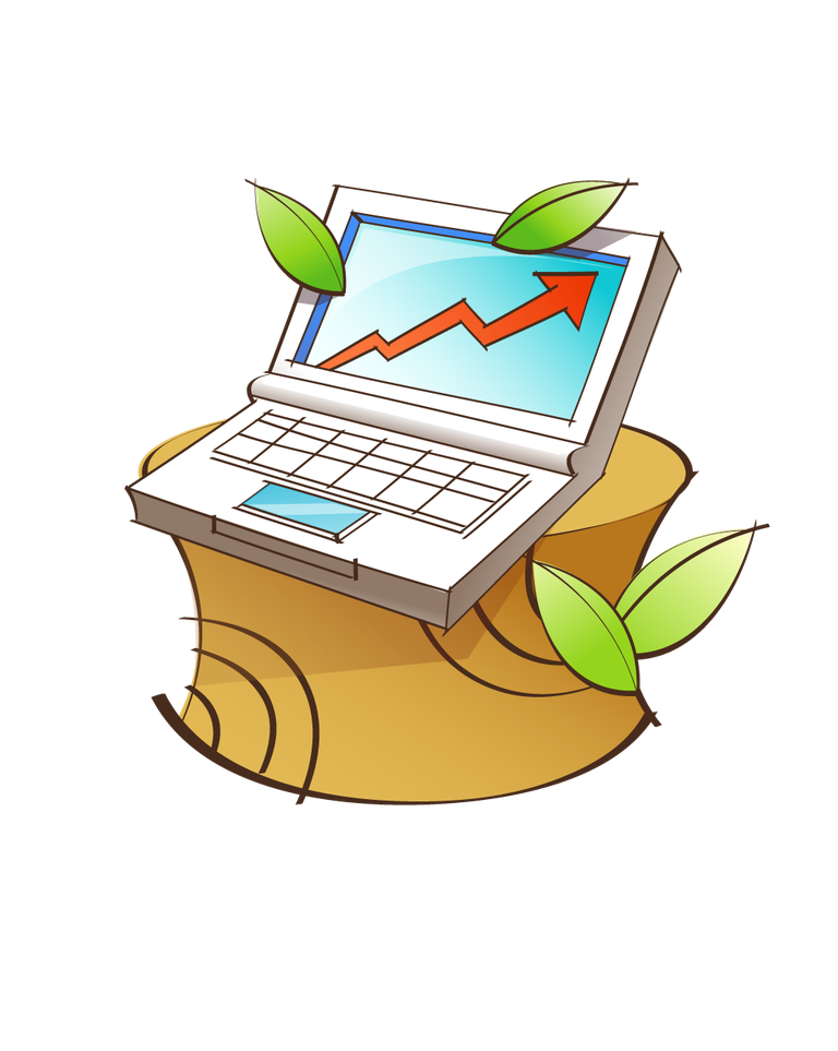 hand painted style icon vector showcasing a laptop on a tree stump with growth graph elements