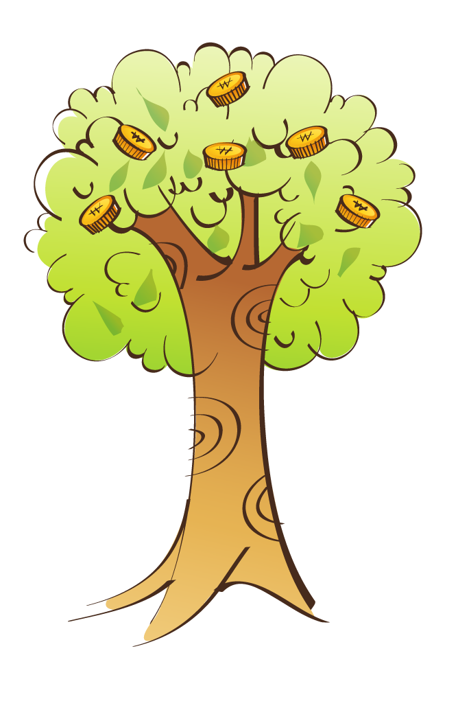 hand painted style icon vector of a whimsical tree with golden coins for prosperity