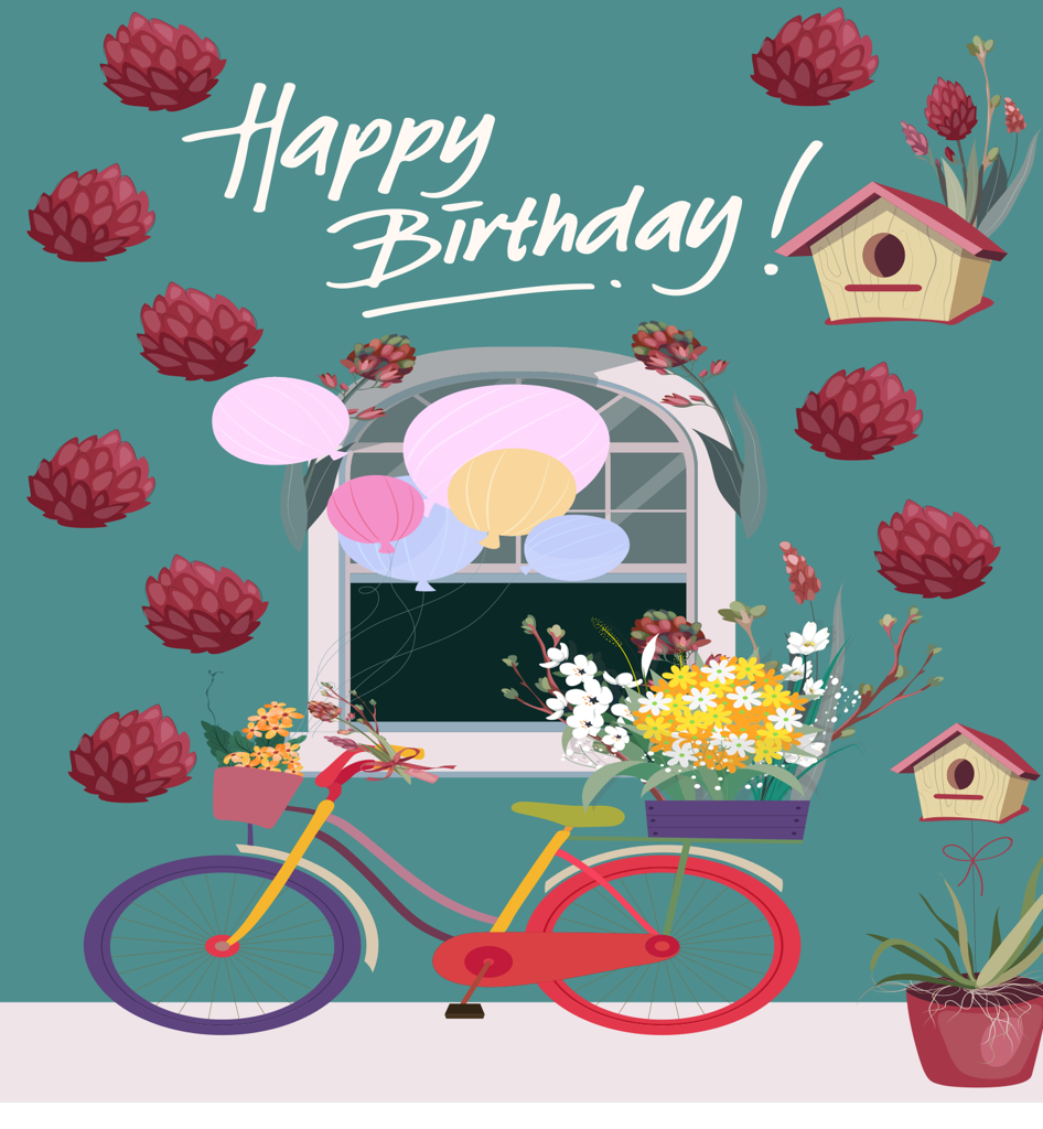 happy birthday flower card with a vibrant bicycle and cheerful garden elements