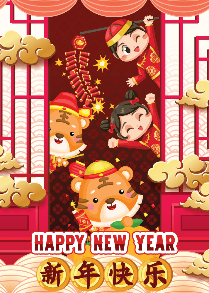 happy chinese new year card with kid wearing tee ah muay patterns and texture