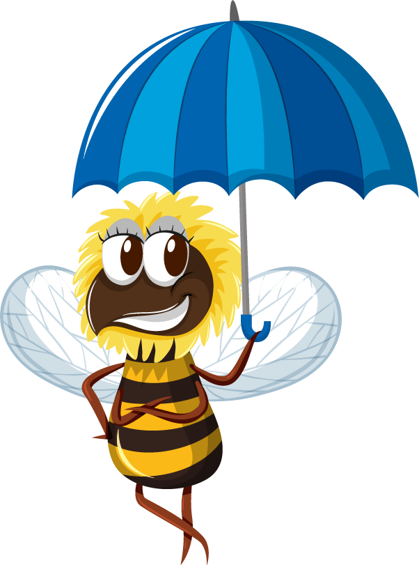 hardworking bee set insect sticker with cheerful character and colorful umbrella