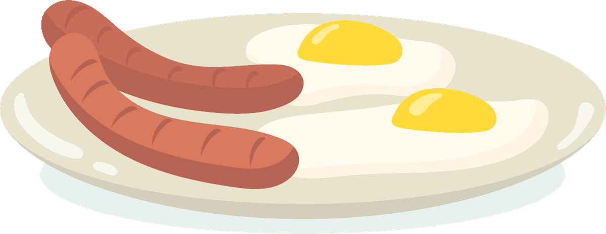 healthy breakfast meals flat illustration featuring eggs and sausages on a plate