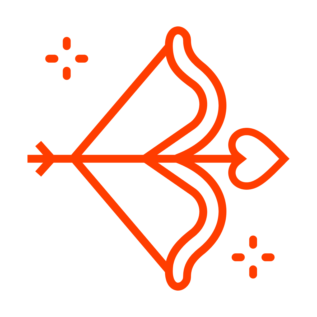 stylized orange bow and arrow icon with heart arrowhead and sparkle elements