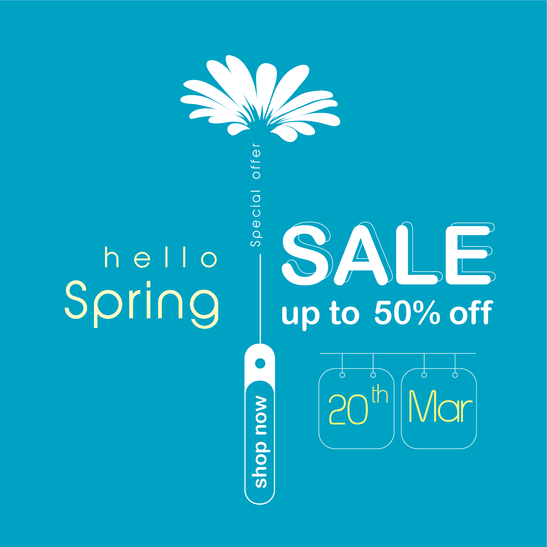 clean flat spring sale banner template with single flower offering special fifty percent off