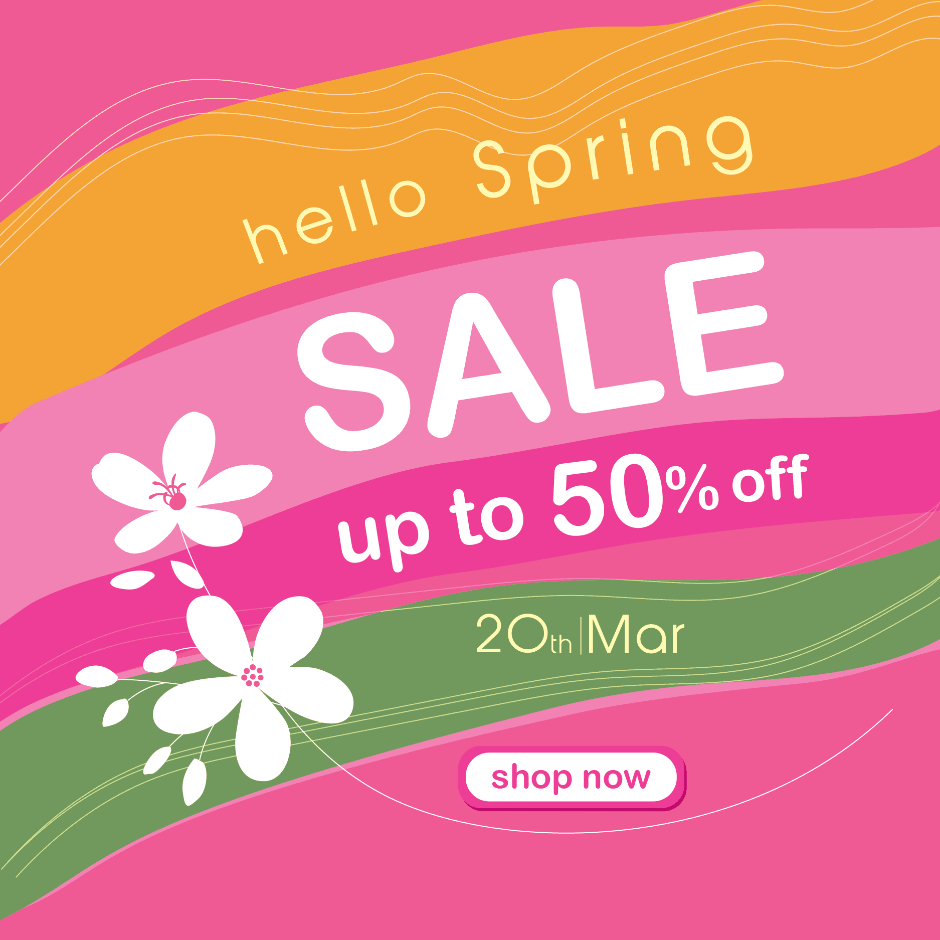 colorful flat spring sale banner template with floral elements offering fifty percent off