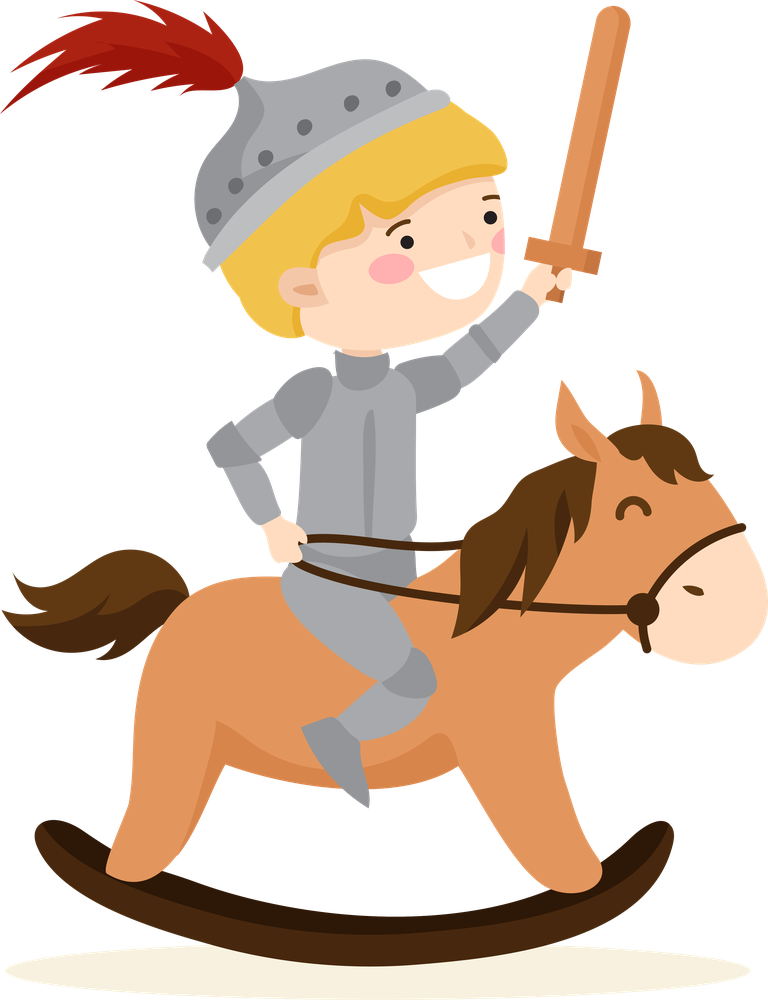 heroic character set fairytale characters: playful knight on a rocking horse