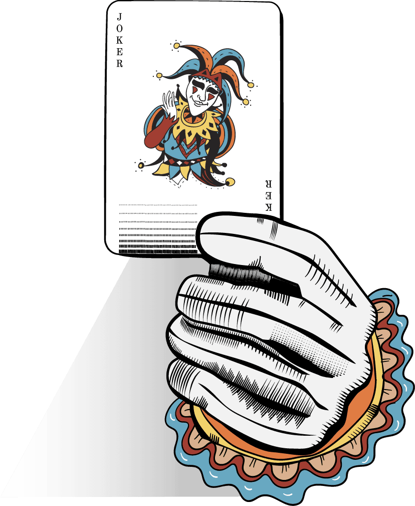 holding playing cards illustration set featuring a whimsical joker character in vibrant colors