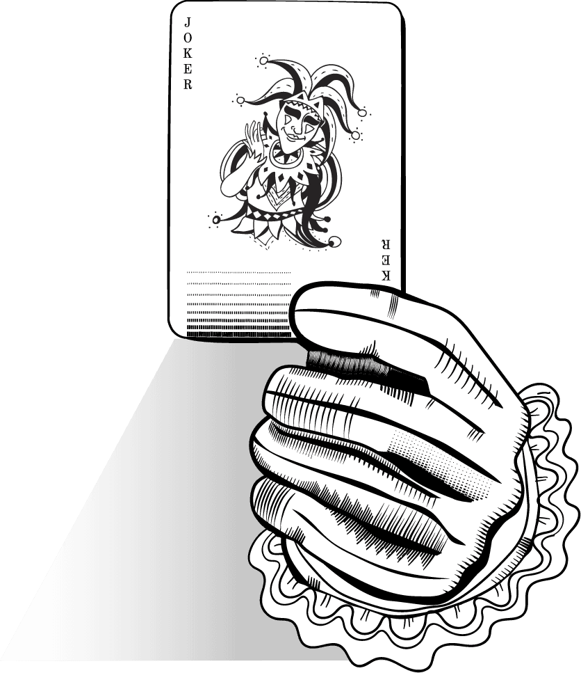 holding playing cards illustration set with a playful joker character and detailed hand design