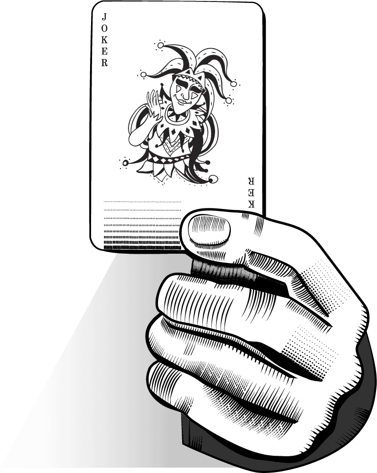 holding playing cards illustration set featuring a vintage joker card in a stylized hand