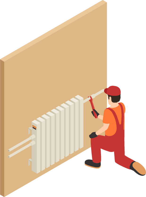 home renovation isometric icons featuring a technician installing a radiator with tools