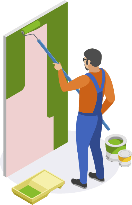 home repair isometric icons tools people performing pasting wallpapers doors window