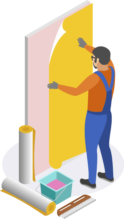 home repair isometric icons tools people performing pasting wallpapers doors window