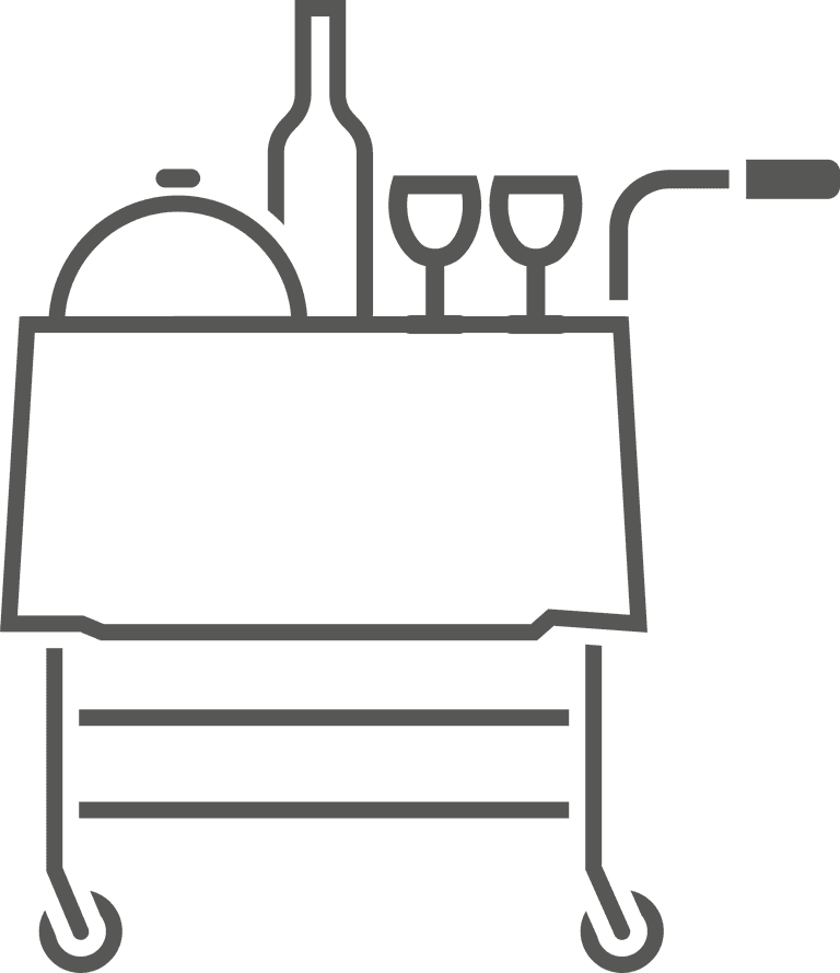 hotel elements line icon representing room service with tray, drink, and food items