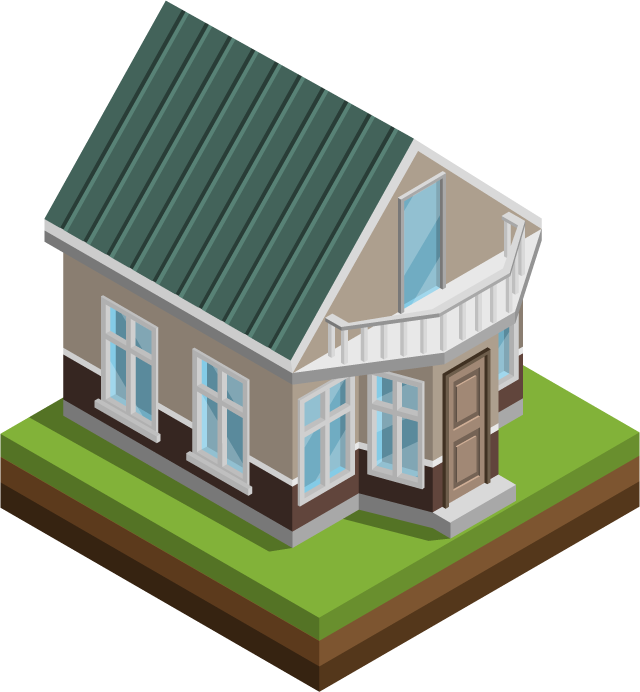 isometric house building construction illustration featuring a charming modern home with garden