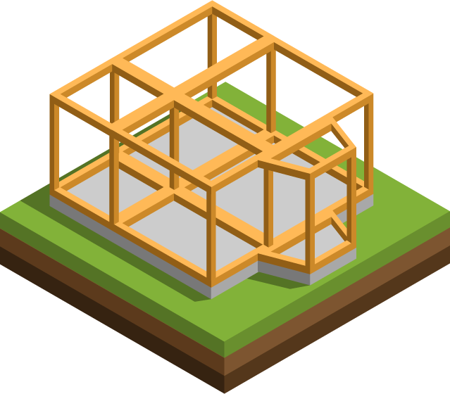 isometric house building construction illustration showcasing wooden framework and foundation details