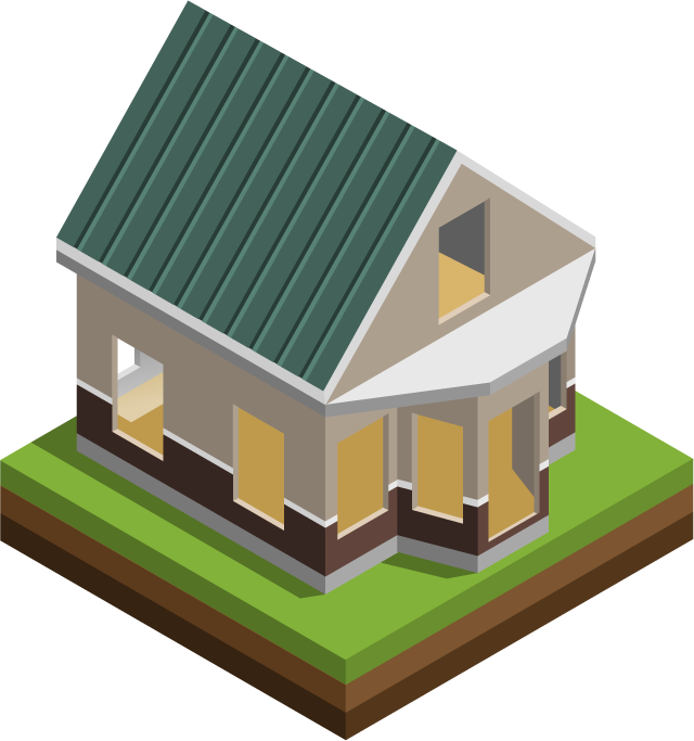 isometric house building construction illustration showcasing architectural details and green surroundings