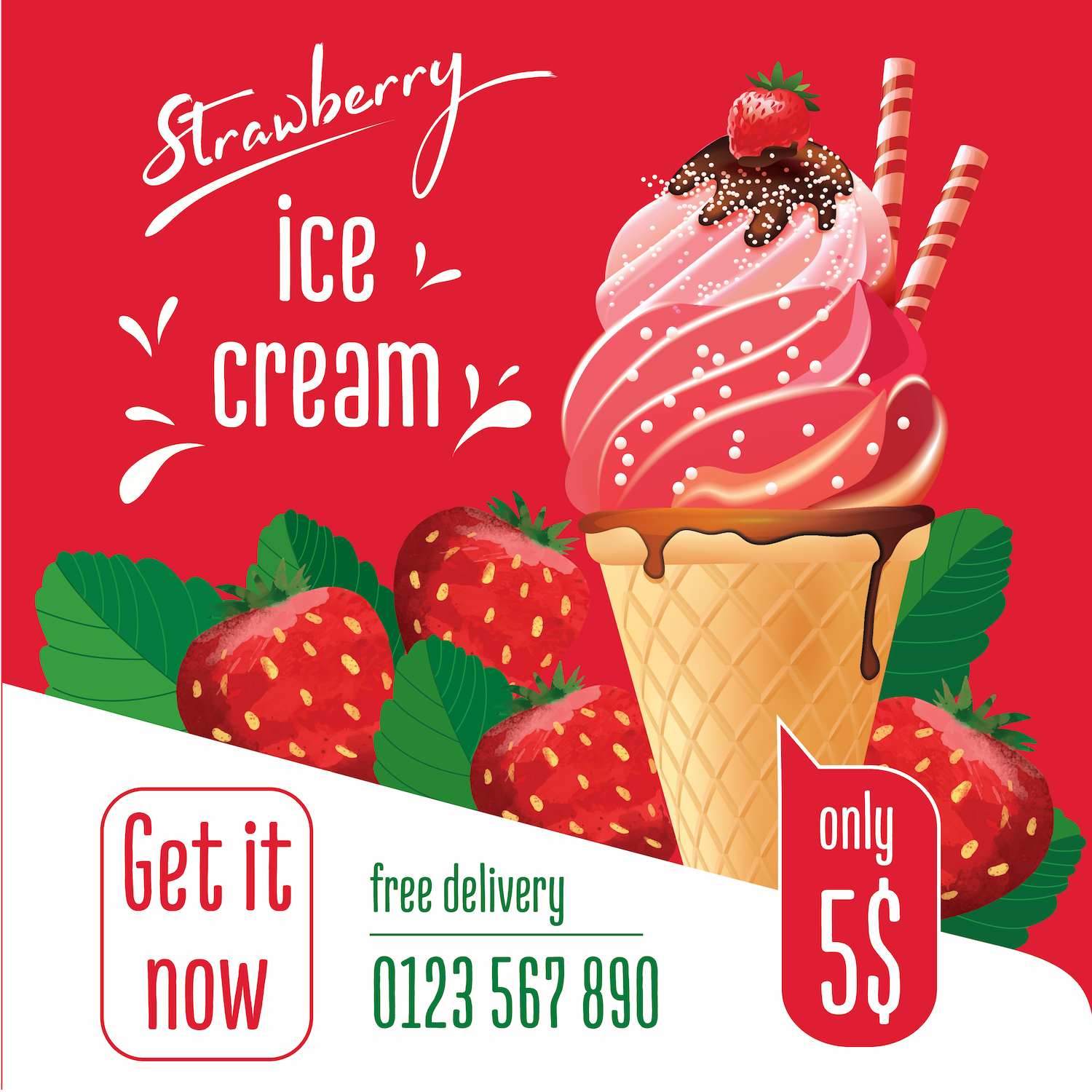 vibrant social media template for strawberry ice cream promotion with free delivery and special price