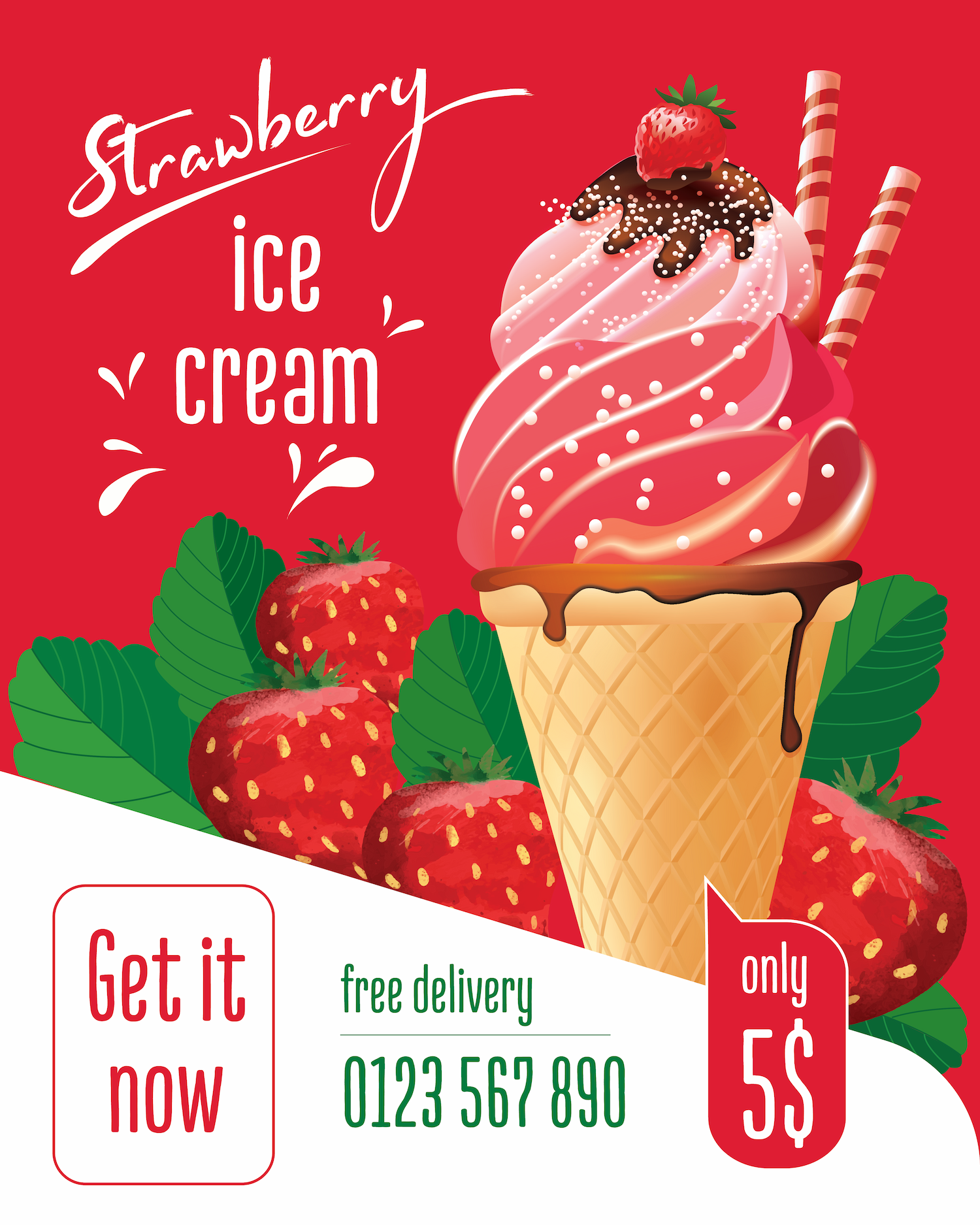 strawberry ice cream promotional template with waffle cone, chocolate drizzle, and fresh fruit
