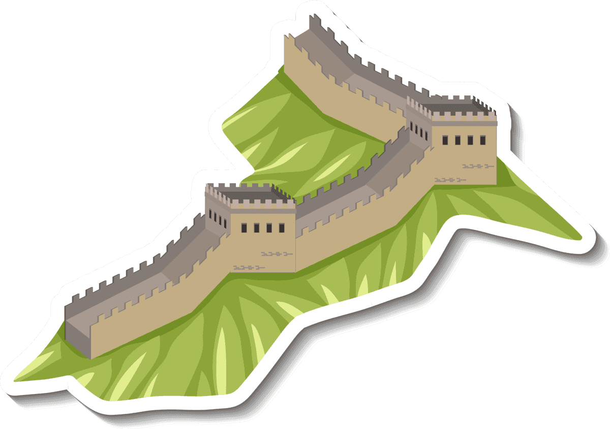 icon different traditional objects showcasing a stylized great wall of china on a landscape