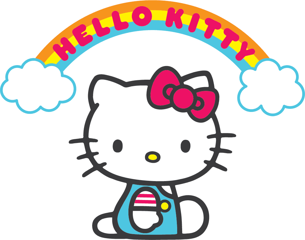 cheerful hello kitty official icon with rainbow and clouds for playful decor