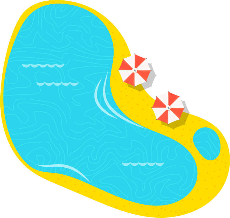 icon set city elements for beaches with vibrant umbrellas and playful water features