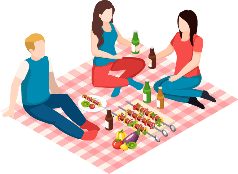 iisometic bbq grill picnic icon set with peoples dining table picnic grill equipment
