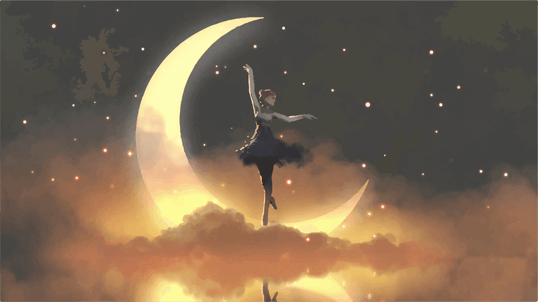 illustration ballerina dancing fireflies against crescent moon