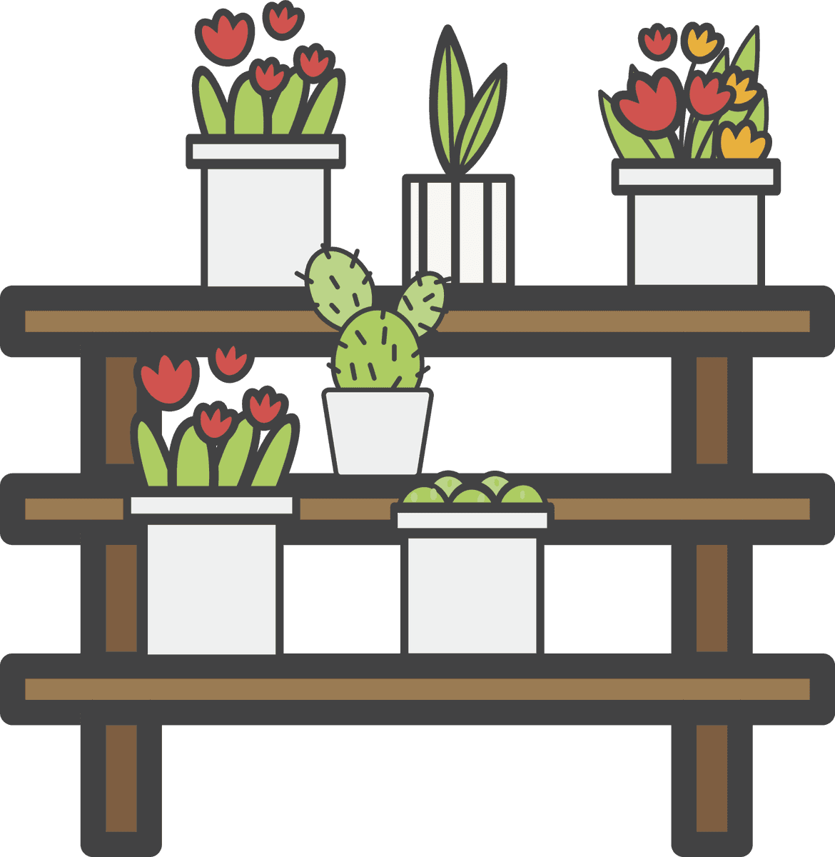 vibrant illustration daily stuff vector showcasing potted plants on a wooden shelf