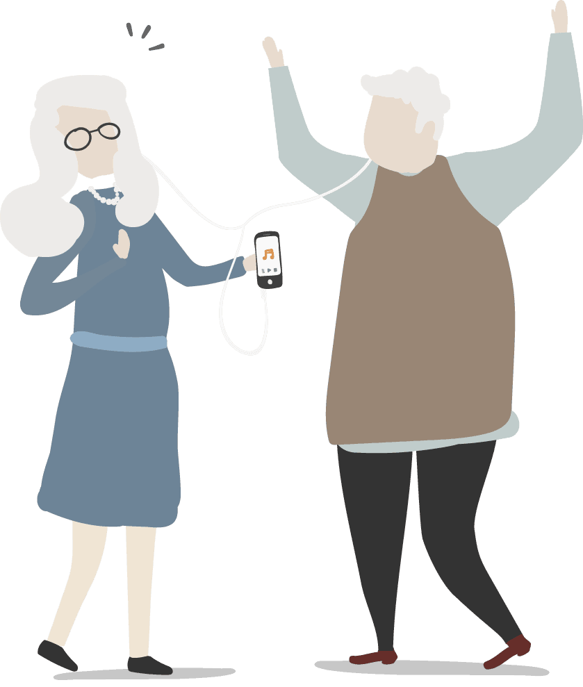 illustration human avatar vector of elderly couple enjoying music together in a cheerful atmosphere