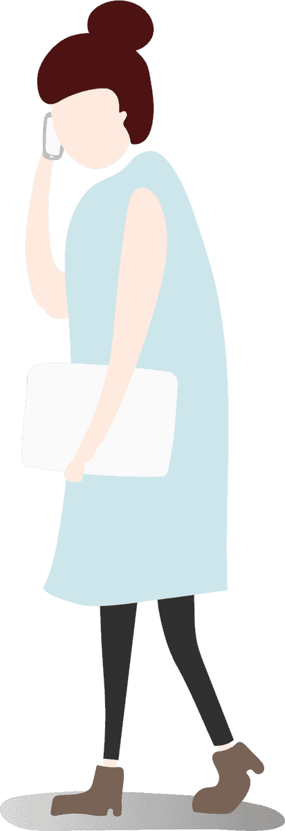 illustration human avatar vector of a woman using phone while walking with laptop