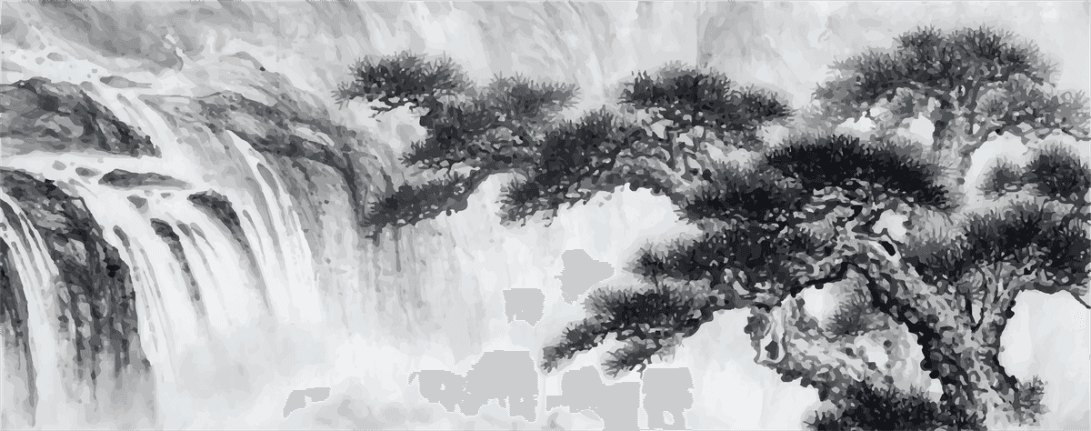 illustration ink wash landscape painting with serene waterfalls and ancient trees